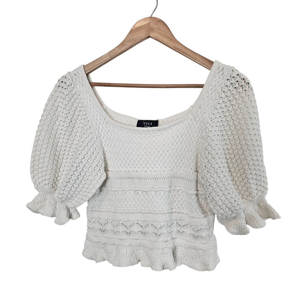 Vici Crochet Cropped Blouse Women Sm White Boho Ruffle Cottage Prairie Milk Maid